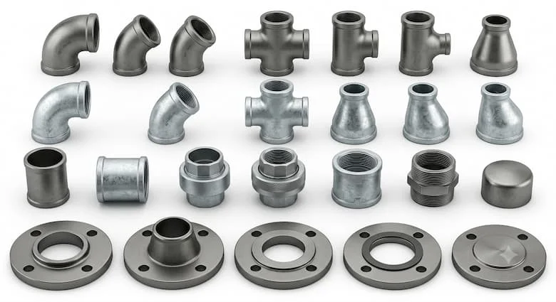 hình ảnh sản phẩm chân thực, độ phân giải cao về các phụ kiện ống thép được sắp xếp gọn gàng trên nền trắng sạch. Bao gồm các phụ kiện ống thép carbon và thép mạ kẽm như cút nối 90°, cút nối 45°, chữ T đều, chữ T giảm, bộ giảm đồng tâm, bộ giảm lệch tâm, khớp nối, đầu nối ren, nắp ống và mặt bích