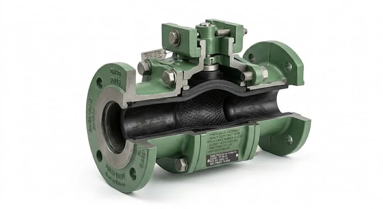 ảnh sản phẩm chuyên nghiệp cho van kẹp công nghiệp, thân bằng gang đúc chịu lực cao với ống bọc cao su có thể thay thế, kết nối mặt bích, được thiết kế cho các ứng dụng chất lỏng dạng bùn, nước thải và môi trường mài mòn