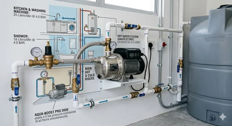 Máy bơm tăng áp cho bồn chứa nước cung cấp nước cho một ngôi nhà ba tầng hiện đại. Áp lực nước mạnh mẽ đến được phòng tắm, vòi bếp, máy giặt và bình nước nóng cùng lúc. Hệ thống đường ống nước trong nhà chân thực