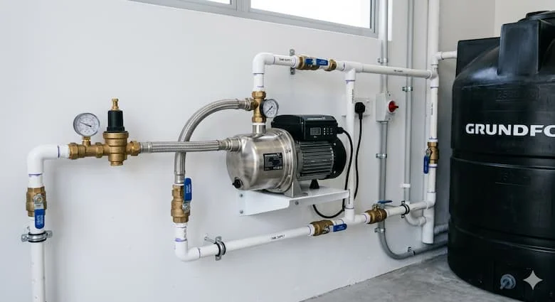 Máy bơm tăng áp siêu thực tế dành cho bồn chứa nước lắp đặt trong hệ thống cấp nước dân dụng. Máy bơm tăng áp hiện đại kết nối với bồn chứa nước trên mái nhà và đường ống PVC, thân máy bằng thép không gỉ