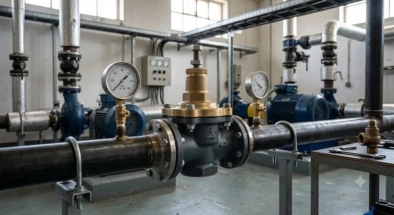 một cảnh công nghiệp thực tế thể hiện van điều áp được lắp đặt trong đường ống phân phối nước bên trong phòng máy móc. Van được kết nối giữa các ống thép với đồng hồ đo áp suất được lắp đặt trước và sau van, thể hiện việc điều chỉnh áp suất trong môi trường công nghiệp sạch sẽ
