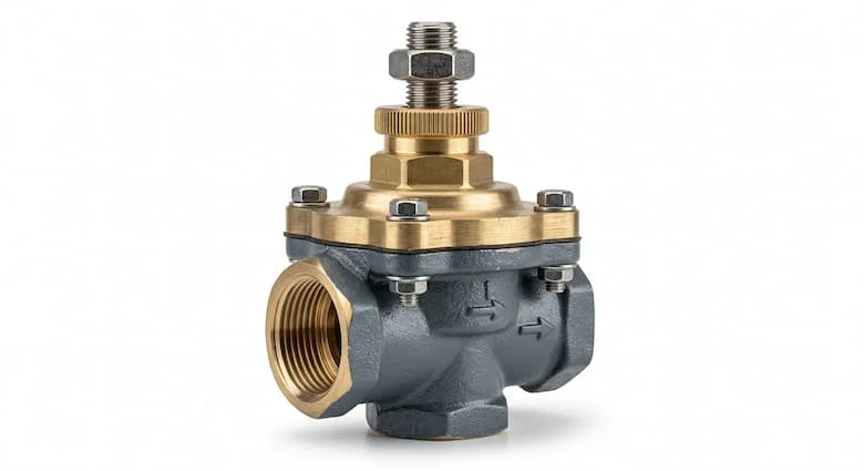 hình ảnh sản phẩm chân thực của một van điều chỉnh áp suất (van giảm áp) được đặt riêng biệt trên nền trắng tinh. Van có thân bằng đồng thau hoặc gang dẻo bền chắc với vít điều chỉnh chính xác ở phía trên, các kết nối ren hoặc mặt bích, kết cấu kim loại chân thực,
