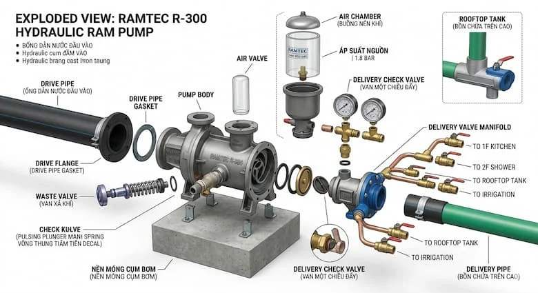 Hình ảnh tháo rời của một bơm thủy lực kiểu piston, thể hiện ống dẫn động, van xả, van cấp, buồng khí, thân bơm và ống cấp, các bộ phận kỹ thuật được dán nhãn