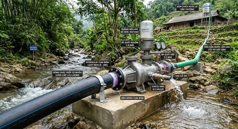 Máy bơm thủy lực mô phỏng cực kỳ chân thực được lắp đặt bên cạnh dòng suối, thân bơm bằng thép, đường ống cấp nước, môi trường nông thôn ngoài trời