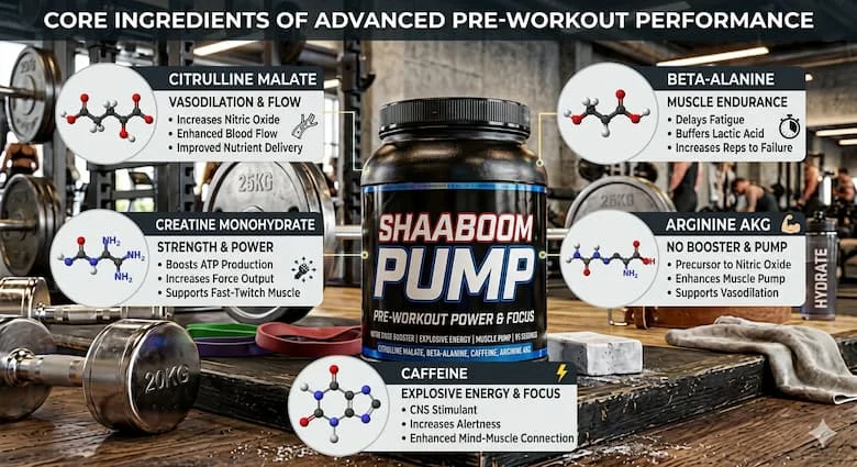 một infographic chuyên nghiệp về thể dục thể thao, thể hiện các thành phần chính của thực phẩm bổ sung trước khi tập luyện: Citrulline Malate, Beta-Alanine, Creatine Monohydrate, Arginine AKG và Caffeine