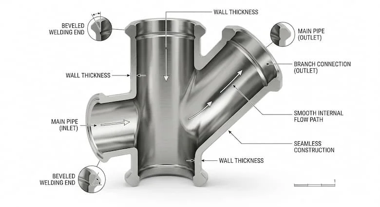 hình minh họa 3D chi tiết mặt cắt của một khớp nối ống hình chữ Y bằng thép không gỉ, thể hiện cấu trúc bên trong của nó. Làm nổi bật ống chính, khớp nối nhánh, độ dày thành ống, các đầu hàn vát, đường dẫn dòng chảy bên trong trơn tru và cấu trúc thép không gỉ liền mạch