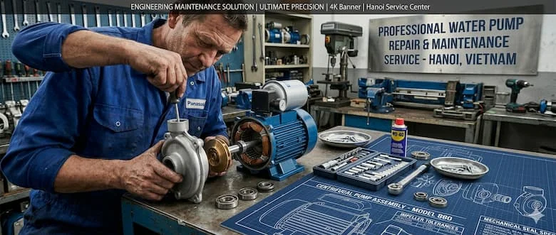 Khái niệm sửa chữa và bảo dưỡng máy bơm nước chuyên nghiệp, kỹ thuật viên đang tháo rời một máy bơm nước ly tâm, dụng cụ được sắp xếp gọn gàng