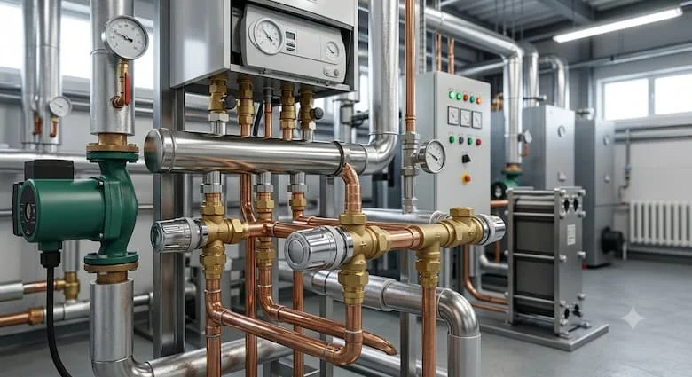 một khung cảnh công nghiệp chân thực thể hiện các van điều nhiệt được lắp đặt trong hệ thống đường ống nước nóng và HVAC hiện đại bên trong một phòng máy thương mại.