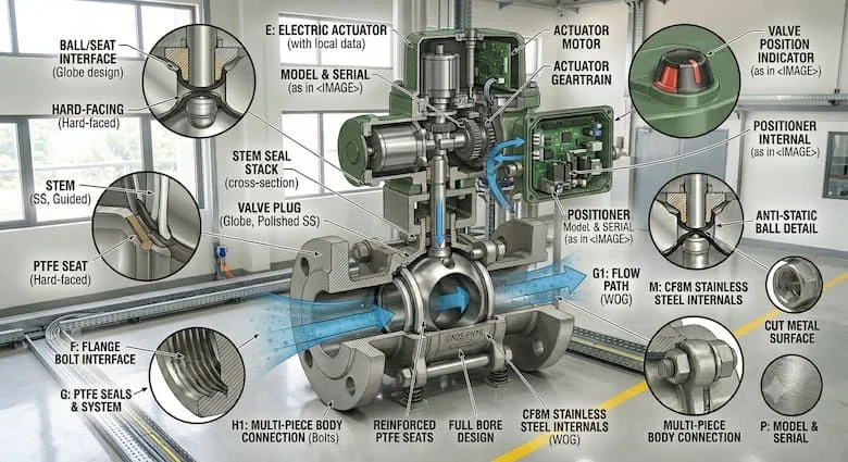 một hệ thống tự động hóa công nghiệp thực tế với các van điều khiển được lắp đặt trên đường ống trong một nhà máy sản xuất. Thể hiện máy bơm, đồng hồ đo áp suất, bảng điều khiển PLC, cảm biến, bộ truyền động và đường ống xử lý