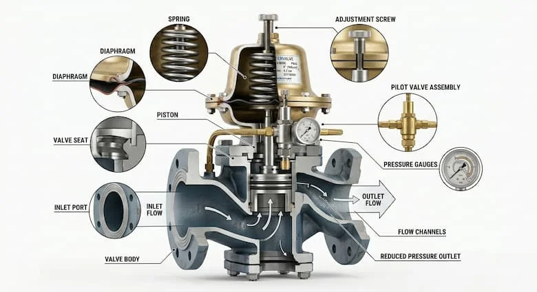 Sơ đồ kỹ thuật cắt ngang của van giảm áp, thể hiện thân van, lò xo, màng ngăn, piston, vít điều chỉnh, đế van, cửa nạp và cửa xả, hình minh họa kỹ thuật có chú thích