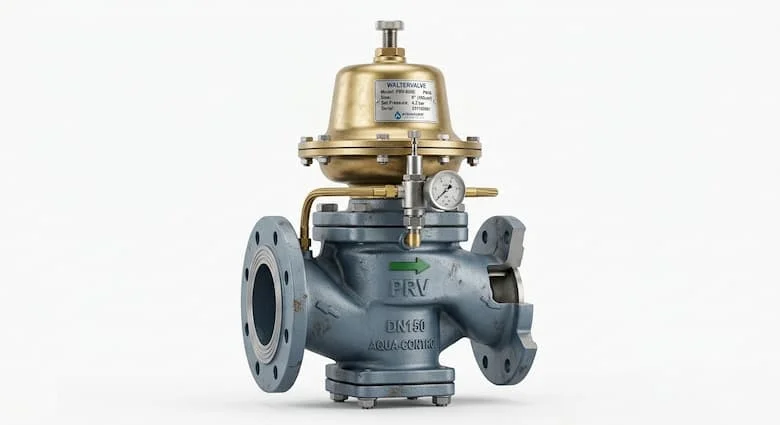 Van giảm áp (PRV) siêu thực, van giảm áp nước công nghiệp, thân bằng đồng thau và gang, kết nối mặt bích, được tách biệt trên nền trắng, chụp ảnh sản phẩm chuyên nghiệp