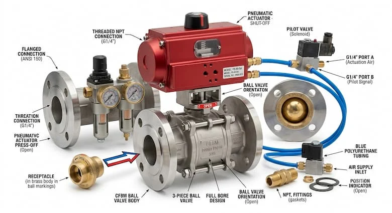 ảnh sản phẩm chuyên nghiệp cho van khóa chính khí nén được lắp đặt trong hệ thống khí nén. Van bi công nghiệp với bộ truyền động khí nén, cấu tạo bằng nhôm và thép không gỉ, tùy chọn kết nối ren và mặt bích, cách ly hoàn toàn
