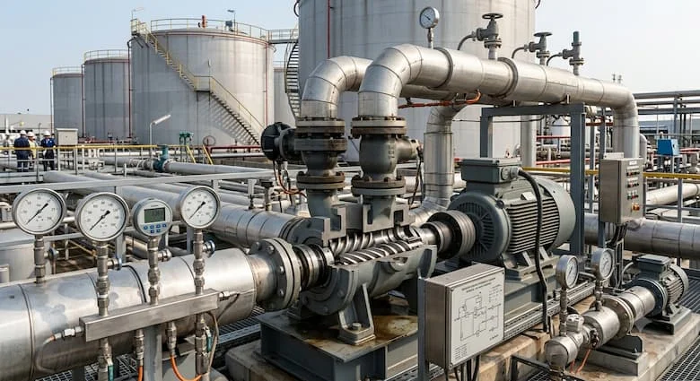 Máy bơm trục vít đôi công nghiệp được lắp đặt trong hệ thống chuyển dầu, kết nối với đường ống thép, bể chứa nhiên liệu và đồng hồ đo áp suất, môi trường nhà máy lọc dầu hiện đại