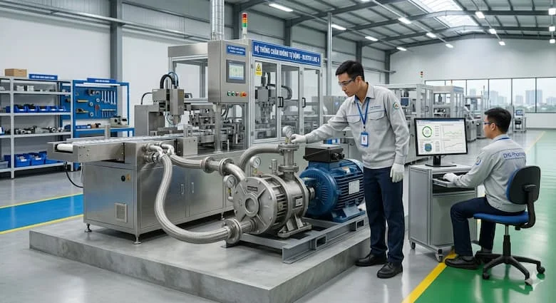 Máy bơm chân không 3 pha công nghiệp hoạt động bên trong một nhà máy sản xuất hiện đại, được kết nối với thiết bị sản xuất tự động, môi trường công nghiệp sạch sẽ