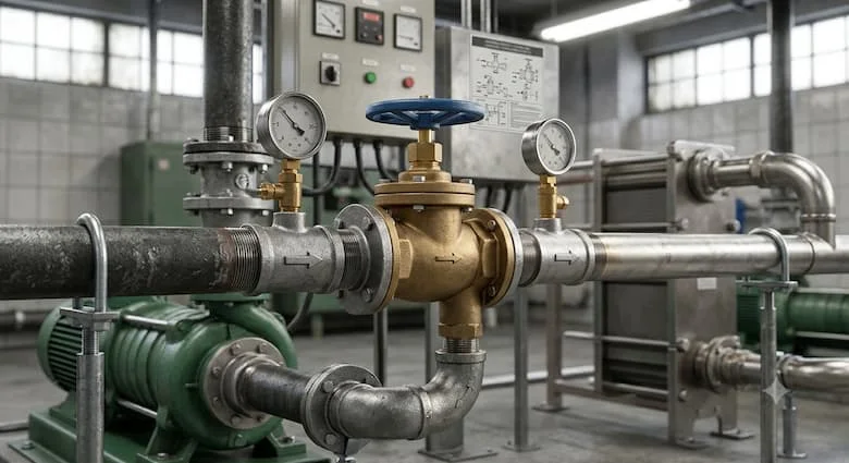 một khung cảnh công nghiệp chân thực thể hiện van hai chiều được lắp đặt trong hệ thống đường ống nước và HVAC hiện đại bên trong phòng máy móc thương mại. Van được kết nối với các đường ống bằng thép mạ kẽm và thép không gỉ, điều khiển lưu lượng nước giữa các máy bơm, bộ trao đổi nhiệt, đồng hồ đo áp suất và thiết bị điều khiển.