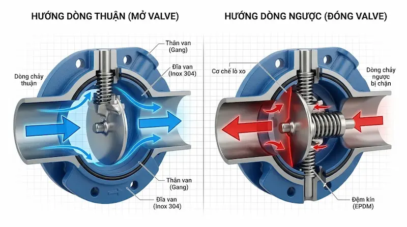 Hình minh họa kỹ thuật về nguyên lý hoạt động của van bướm