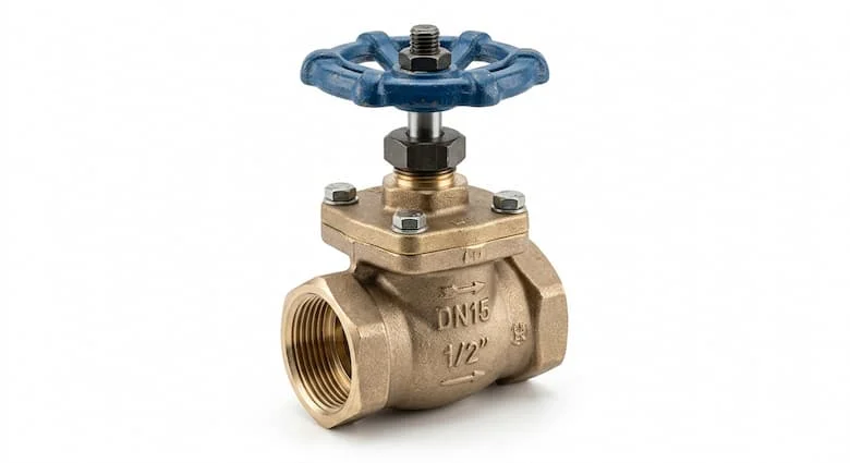 o ảnh sản phẩm chân thực độ phân giải cao của một van cầu DN15 (1/2 inch) được đặt riêng trên nền trắng tinh. Van có thân bằng đồng thau rèn, tay quay bằng gang màu xanh lam, các kết nối ren BSP, các bộ phận được gia công chính xác và lớp hoàn thiện chống ăn mòn