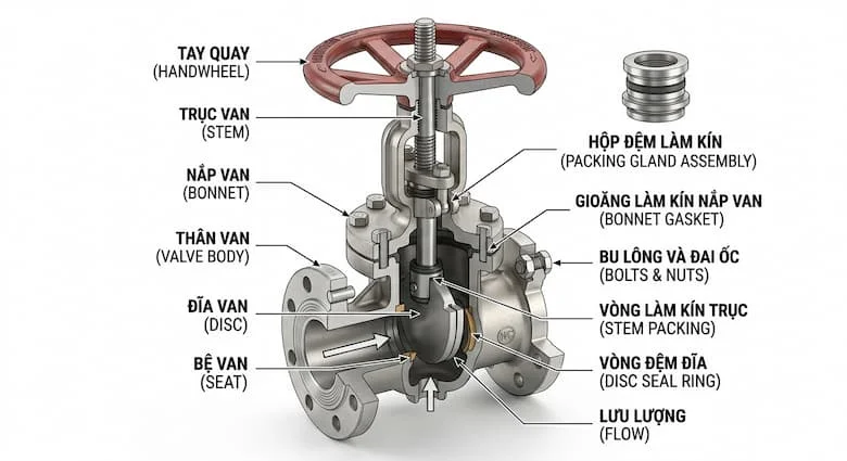 bản vẽ kỹ thuật mặt cắt ngang của van khóa công nghiệp, thể hiện rõ các bộ phận bên trong được dán nhãn bao gồm thân van, trục van, đĩa van, đế van, nắp van, tay quay và gioăng làm kín.