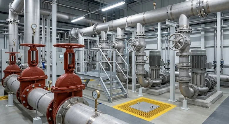 ột hệ thống đường ống dẫn nước công nghiệp thực tế sử dụng van khóa, được lắp đặt trong trạm bơm và mạng lưới phân phối nước. Mô hình bao gồm các đường ống, máy bơm, van mặt bích, điểm tiếp cận bảo trì, môi trường nhà máy sạch sẽ