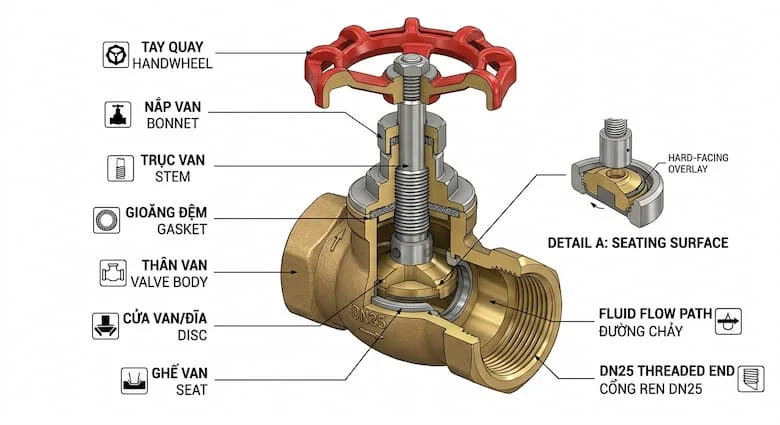 bản vẽ minh họa 3D chi tiết mặt cắt của van khóa DN25, thể hiện các bộ phận bên trong bao gồm thân van, trục van, đĩa van, đế van, gioăng, đầu ren và tay cầm. Phong cách kỹ thuật, chất liệu kim loại chân thực