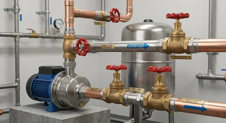một hệ thống đường ống nước thực tế sử dụng van khóa DN25 được lắp đặt gần máy bơm nước và bình áp lực. Môi trường hệ thống đường ống công nghiệp và dân dụng, đường ống lộ rõ, khớp nối ren, van bằng đồng thau, lắp đặt gọn gàng