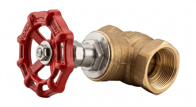 ảnh sản phẩm chuyên nghiệp cho van khóa D25 (van DN25), làm bằng đồng thau và thép không gỉ, đặt trên nền trắng tinh. Van công nghiệp có độ chi tiết cao với tay cầm và đầu nối ren có thể nhìn thấy rõ
