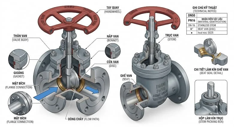 bản vẽ minh họa 3D chi tiết mặt cắt của van khóa DN50, thể hiện các bộ phận bên trong bao gồm thân van, nắp van, trục van, đĩa van, đế van, gioăng, khớp nối mặt bích và tay quay. Phong cách bản vẽ kỹ thuật, sử dụng vật liệu công nghiệp thực tế