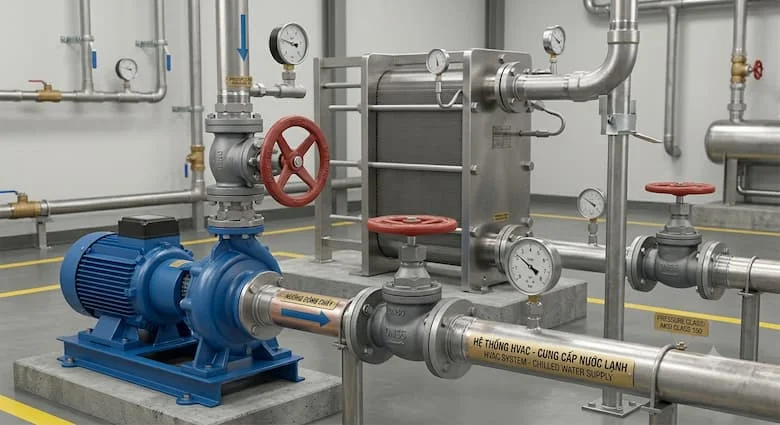  một hệ thống đường ống công nghiệp thực tế sử dụng van khóa DN50 được lắp đặt trên đường ống dẫn nước, trạm bơm và thiết bị HVAC. Van mặt bích, máy bơm, đồng hồ đo áp suất và ống thép có thể nhìn thấy được, môi trường nhà máy sạch sẽ.