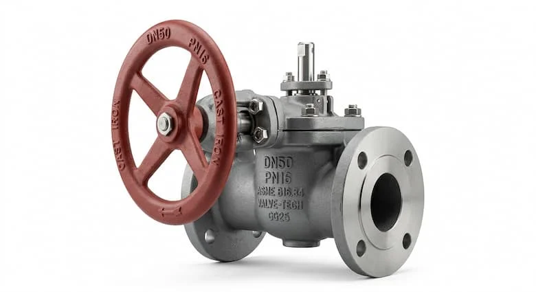 ảnh sản phẩm chuyên nghiệp cho van khóa DN50 (van khóa D50), loại công nghiệp, cấu tạo bằng gang và thép không gỉ, kết nối mặt bích, tay quay lớn, được chụp riêng trên nền trắng. Độ chân thực cực cao