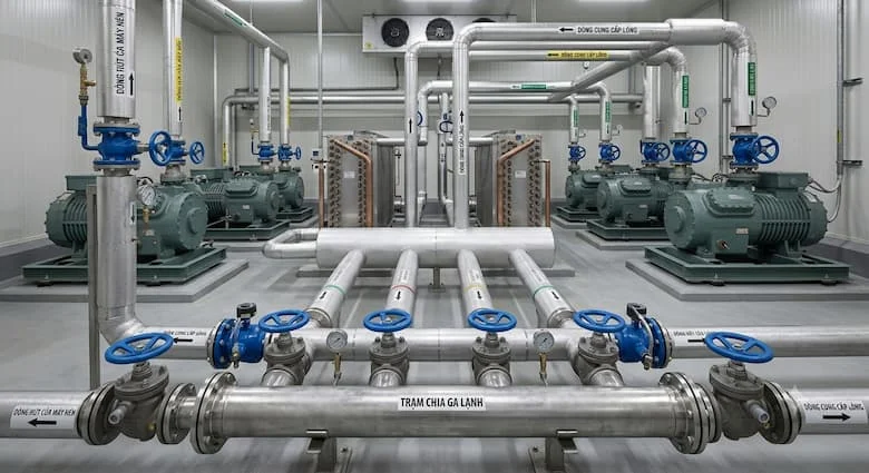 một hệ thống làm lạnh kho lạnh công nghiệp thực tế sử dụng van khóa Danfoss. Hệ thống bao gồm các đường ống dẫn chất làm lạnh, máy nén, dàn bay hơi, ống cách nhiệt và van Danfoss màu xanh được lắp đặt khắp hệ thống