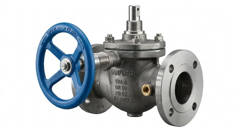 ảnh sản phẩm chuyên nghiệp cho van khóa Danfoss dùng trong hệ thống làm lạnh, van làm lạnh công nghiệp với tay quay màu xanh lam, thân bằng thép, thiết kế kỹ thuật Đan Mạch đích thực, được tách biệt trên nền ảnh