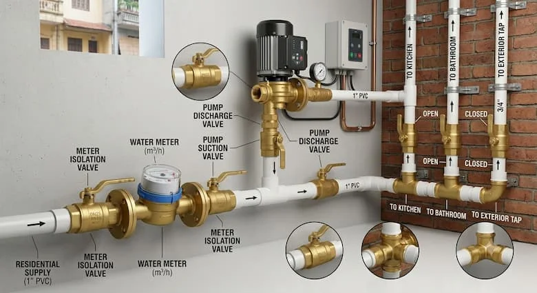 một hệ thống cấp nước sinh hoạt thực tế sử dụng van khóa bằng đồng thau lắp đặt trên đường ống nước. Có thể nhìn thấy đồng hồ nước, máy bơm nước, phụ kiện bằng đồng thau, ống PVC và van khóa