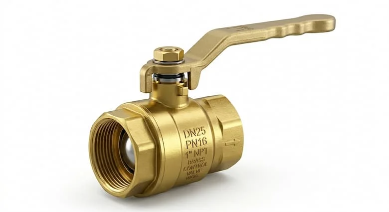 ảnh sản phẩm chuyên nghiệp cho van khóa bằng đồng thau, thân van bằng đồng thau rèn cao cấp với lớp mạ vàng, tay cầm dạng cần gạt và các khớp nối ren