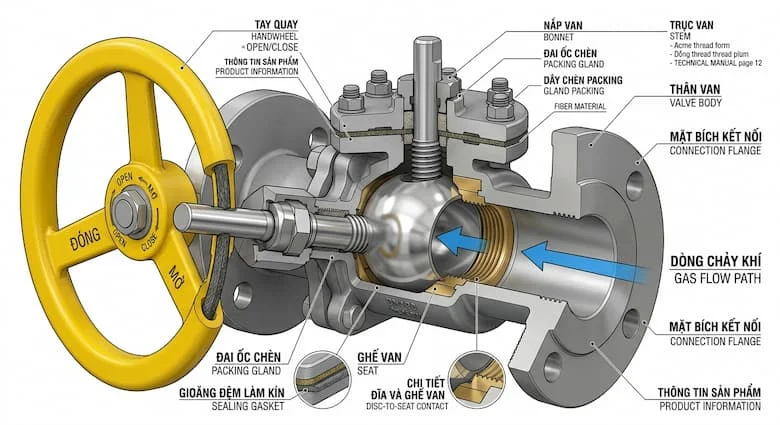 bản vẽ minh họa 3D chi tiết cao về van khóa khí, thể hiện các bộ phận bên trong bao gồm thân van, van bi, trục van, đế van, gioăng làm kín, tay cầm và đường dẫn khí. Phong cách bản vẽ kỹ thuật, chất liệu đồng thau và thép không gỉ chân thực, nền trắng