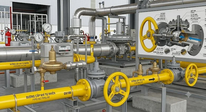 một hệ thống đường ống dẫn khí công nghiệp thực tế sử dụng các van khóa khí được lắp đặt trên đường ống dẫn khí LPG và khí tự nhiên. Có thể nhìn thấy các ống dẫn khí màu vàng, bộ điều chỉnh áp suất, đồng hồ đo khí và van khóa