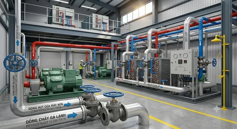 một hệ thống làm lạnh kho lạnh công nghiệp thực tế sử dụng các van ngắt lạnh được lắp đặt trên đường ống dẫn môi chất lạnh. Có thể nhìn thấy máy nén, dàn bay hơi, dàn ngưng tụ, đường ống cách nhiệt và van làm lạnh