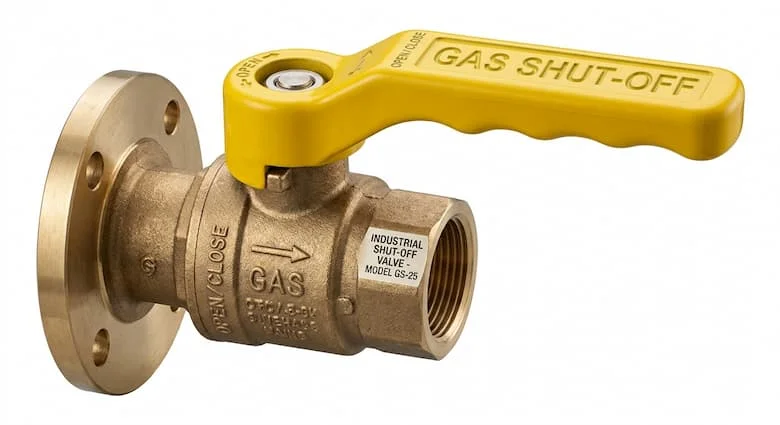 ảnh sản phẩm chuyên nghiệp cho van khóa khí công nghiệp, cấu tạo bằng đồng thau và thép không gỉ, tay cầm màu vàng dành cho hệ thống khí đốt, có các tùy chọn kết nối ren và mặt bích