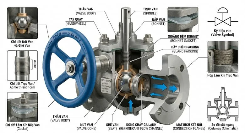 hình minh họa 3D cắt ngang chi tiết cao của van ngắt môi chất lạnh, thể hiện các bộ phận bên trong bao gồm thân van, nắp van, trục van, côn van, đế van, gioăng làm kín, kênh dẫn môi chất lạnh và tay quay