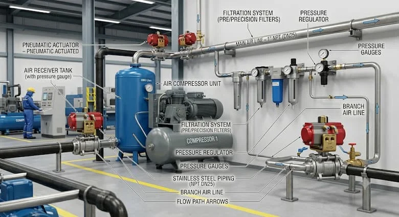 hệ thống khí nén công nghiệp thực tế với các van ngắt khí nén được lắp đặt trên đường ống dẫn khí. Có thể nhìn thấy máy nén khí, bình chứa khí, bộ lọc, bộ điều chỉnh áp suất, bộ truyền động khí nén và đường ống bằng thép không gỉ