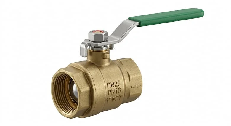 ảnh sản phẩm chuyên nghiệp cho van khóa nước, thân bằng đồng thau và thép không gỉ, thiết kế van bi với tay gạt, đặt trên nền trắng tinh. Van điều khiển nước công nghiệp và dân dụng, siêu bền
