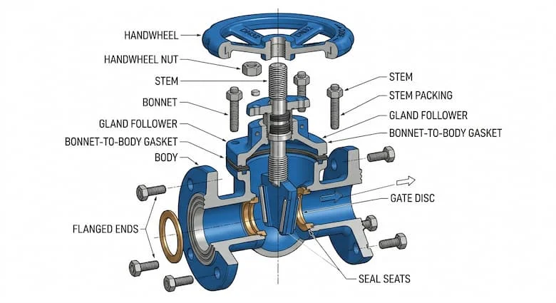 Hình chiếu mặt cắt của van cổng DN32 cho thấy các bộ phận bên trong: đĩa van, trục van, nắp van, tay quay, thân van và các bộ phận làm kín