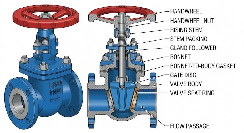 Mặt cắt ngang của van cổng DN40 thể hiện các bộ phận bên trong bao gồm đĩa van, trục van, nắp van, thân van, đế van và tay quay, hình minh họa kỹ thuật