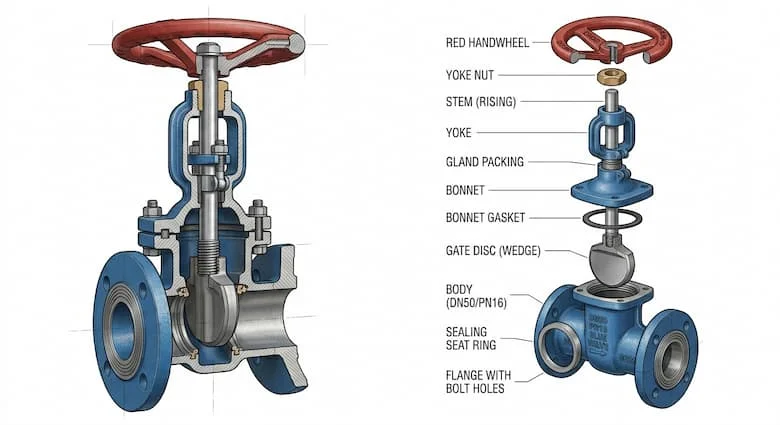 Van cổng DN50 được lắp đặt trong hệ thống đường ống dẫn nước công nghiệp quy mô lớn, môi trường trạm bơm, ống thép không gỉ, kết nối mặt bích