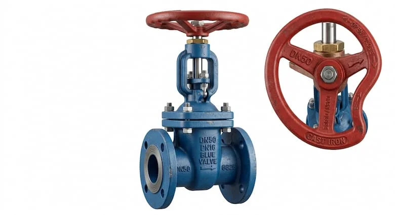 Van cổng DN50 siêu thực, thân bằng gang phủ epoxy màu xanh lam, tay quay màu đỏ, hình ảnh sản phẩm van công nghiệp