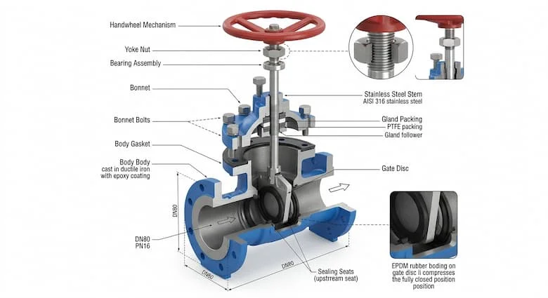 Mặt cắt ngang của van cổng DN80, thể hiện đĩa van, trục van bằng thép không gỉ, thân van, nắp van, vòng đệm kín và cơ cấu tay quay, hình ảnh kỹ thuật tháo rời.