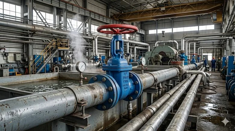 Van cổng mặt bích DN80 được lắp đặt trên hệ thống đường ống công nghiệp, van gang dẻo màu xanh lam được kết nối với ống thép, môi trường nhà máy, lắp đặt kỹ thuật thực tế, thiết bị công nghiệp