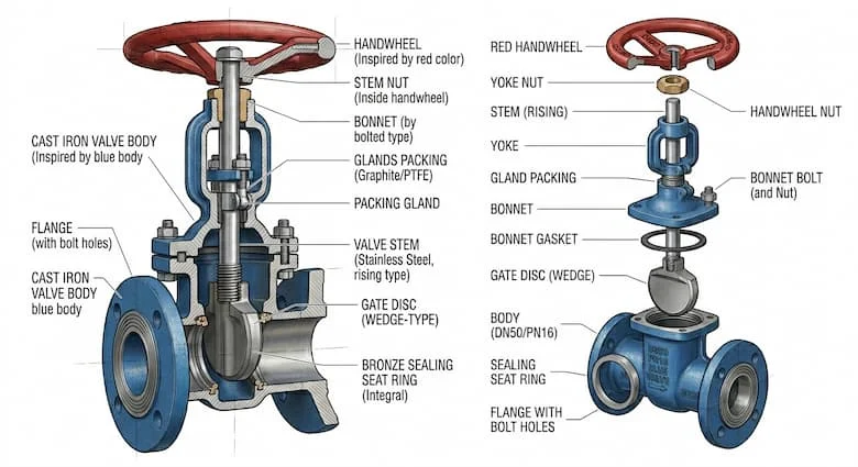 Mặt cắt ngang của van cổng gang, thể hiện đĩa van, trục van, nắp van, thân van, vòng đệm kín và tay quay, hình minh họa kỹ thuật