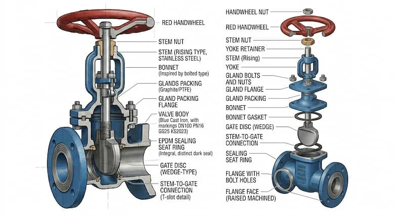 Mặt cắt ngang của van cổng gang AUT, thể hiện đĩa van, trục van, nắp van, thân van, gioăng làm kín EPDM và tay quay