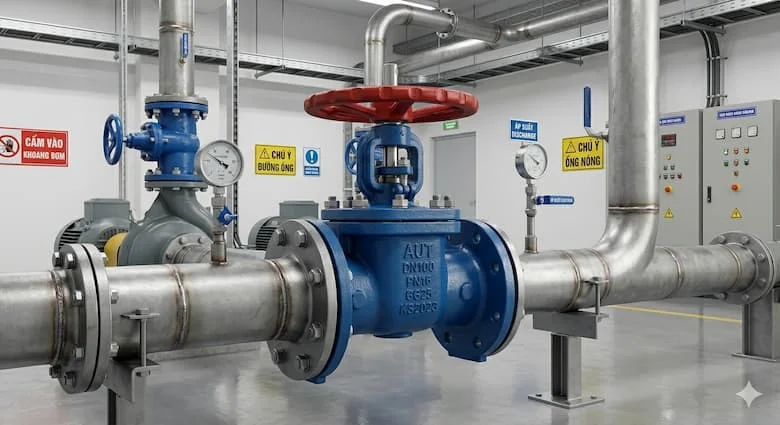 Van cổng gang AUT được lắp đặt trong đường ống cấp nước đô thị, kết nối mặt bích, van công nghiệp màu xanh lam, môi trường trạm bơm, hệ thống đường ống bằng thép