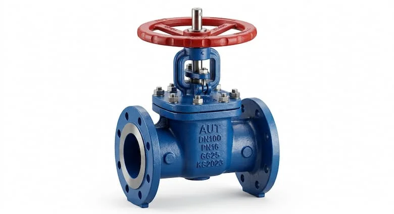 Van cổng gang AUT siêu thực, thân van phủ epoxy màu xanh lam, tay quay màu đỏ, hình ảnh sản phẩm van công nghiệp